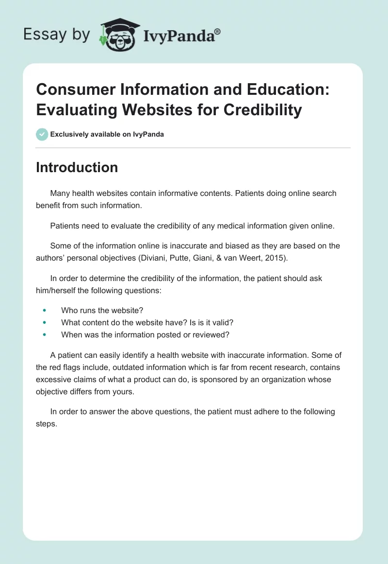 Consumer Information and Education: Evaluating Websites for Credibility. Page 1