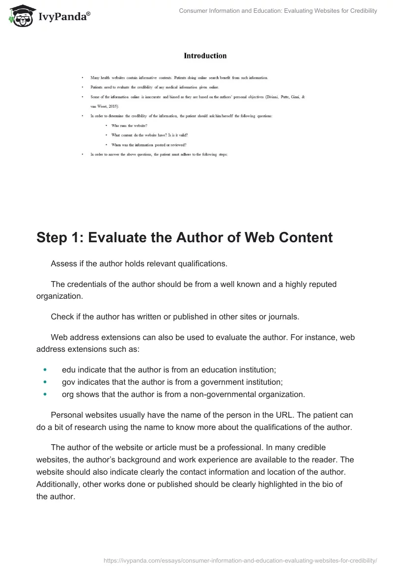 Consumer Information and Education: Evaluating Websites for Credibility. Page 2