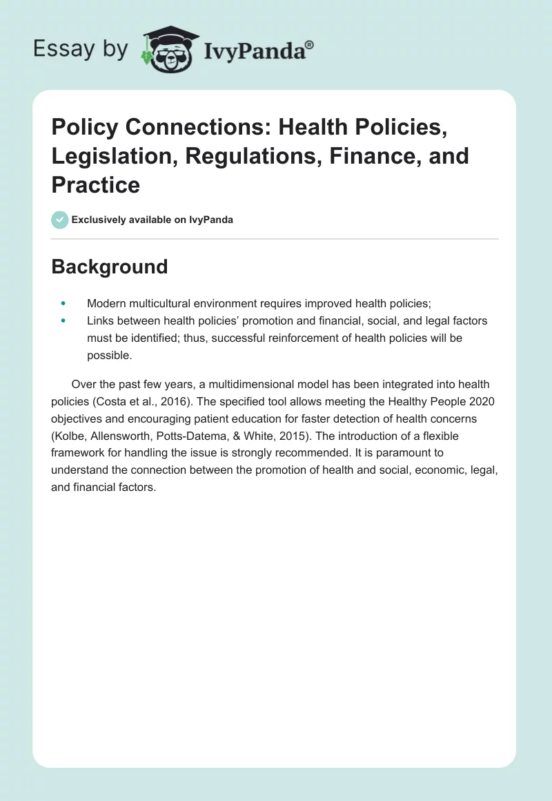 Policy Connections: Health Policies, Legislation, Regulations, Finance, and Practice. Page 1