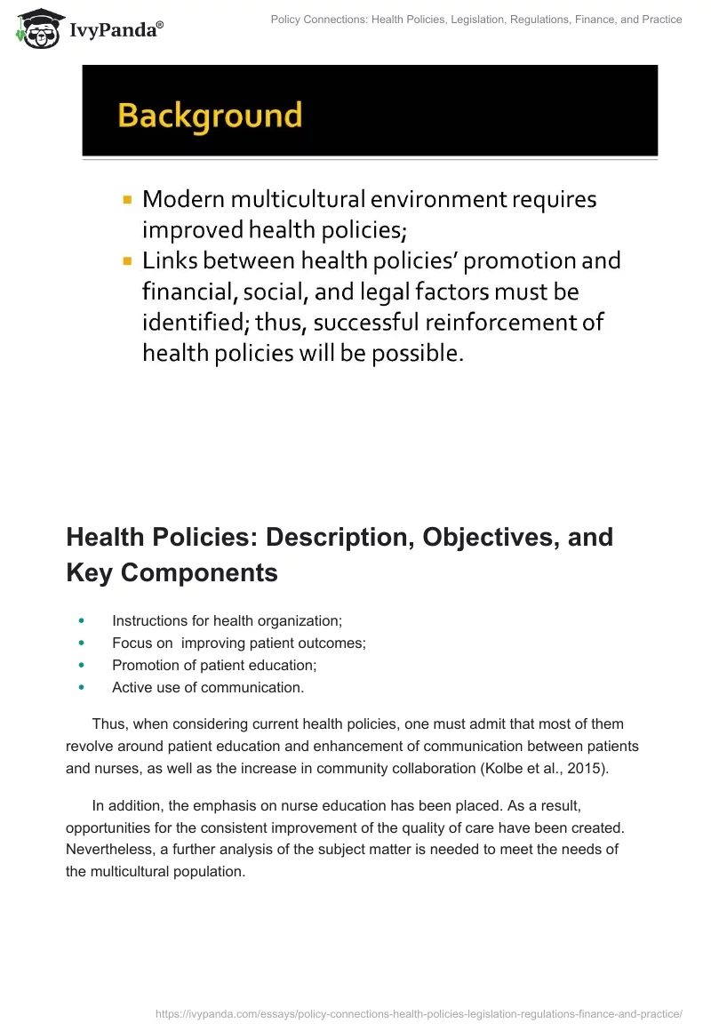 Policy Connections: Health Policies, Legislation, Regulations, Finance, and Practice. Page 2