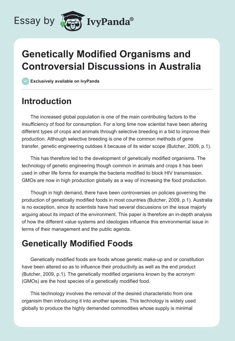 Genetically Modified Organisms and Controversial Discussions in Australia. Page 1