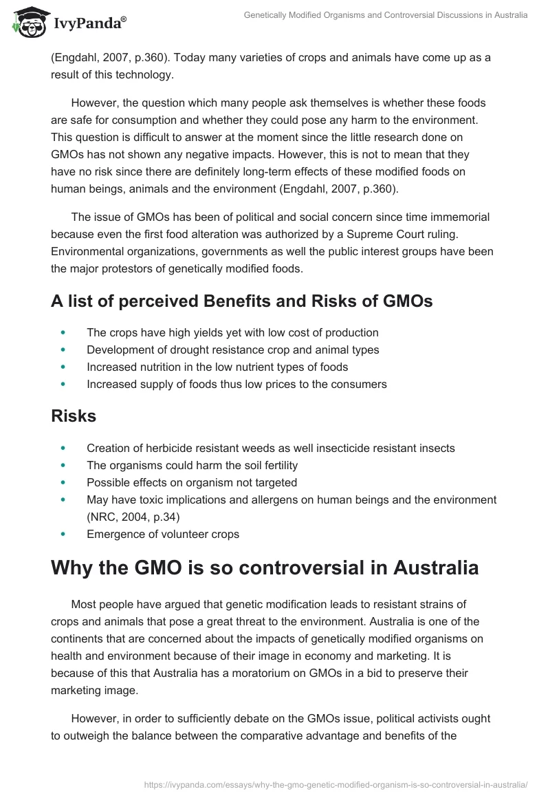 Genetically Modified Organisms and Controversial Discussions in Australia. Page 2