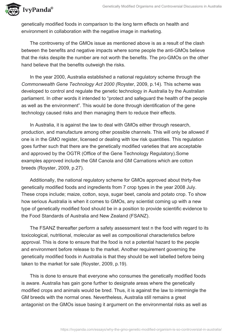 Genetically Modified Organisms and Controversial Discussions in Australia. Page 3