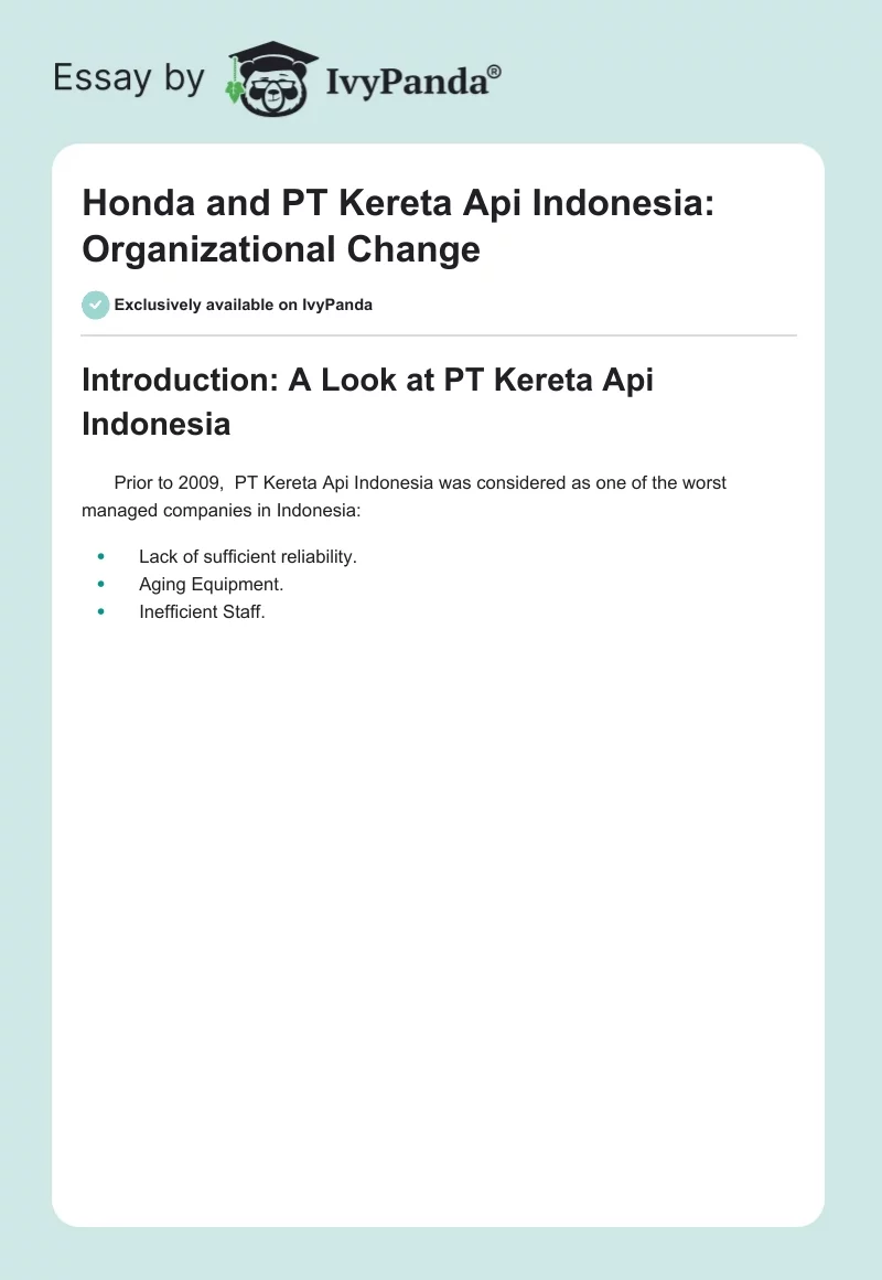 Honda and PT Kereta Api Indonesia: Organizational Change. Page 1