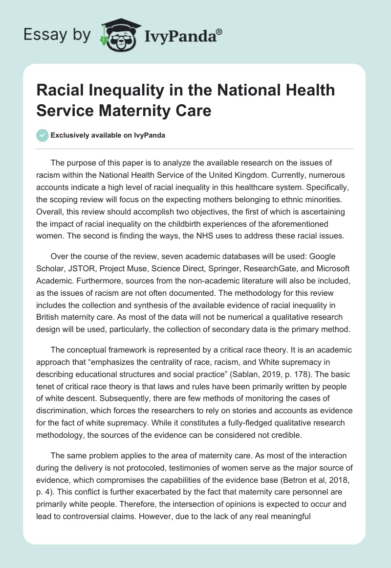 Racial Inequality in the National Health Service Maternity Care. Page 1