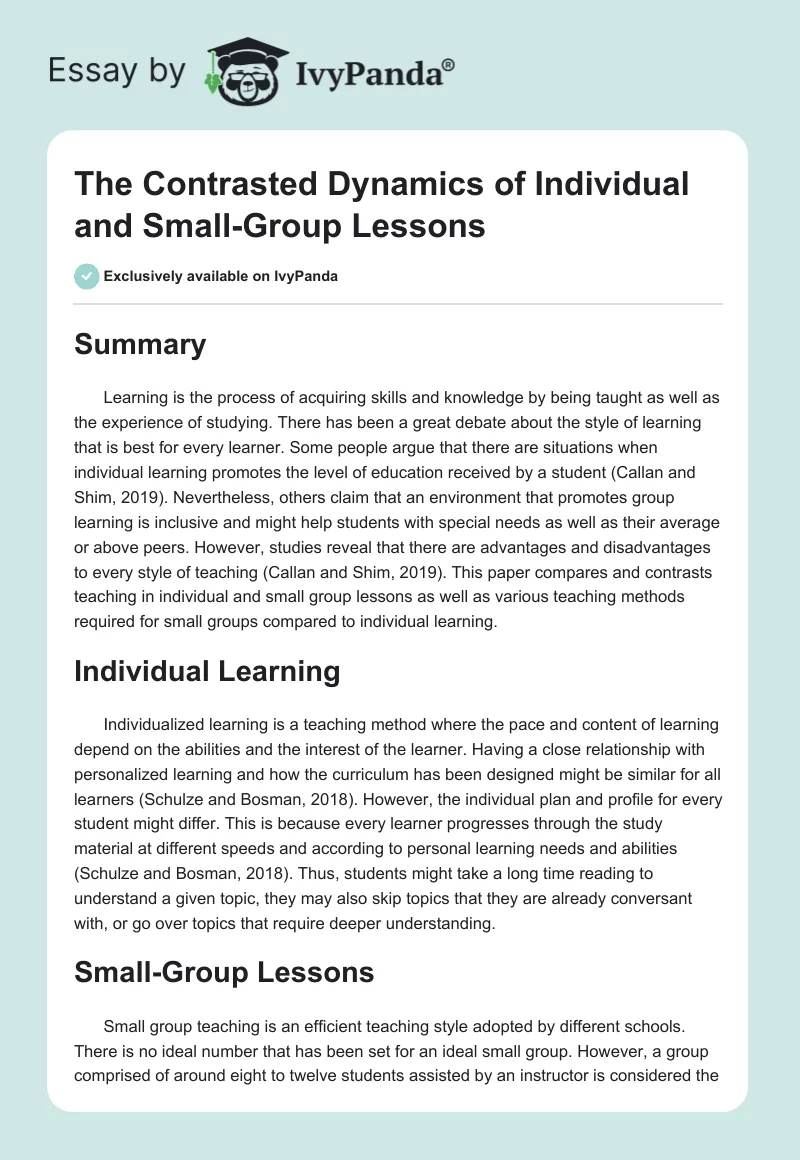 The Contrasted Dynamics of Individual and Small-Group Lessons. Page 1