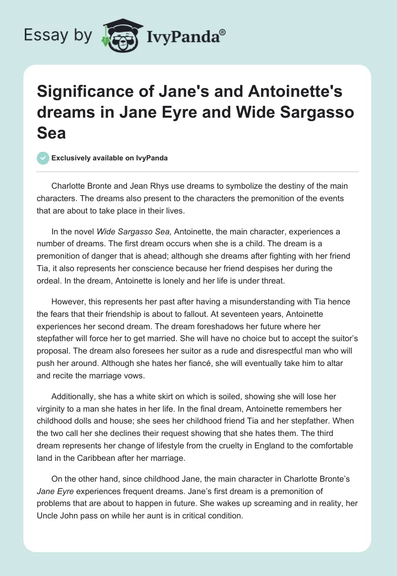 Significance of Jane’s and Antoinette’s Dreams in Jane Eyre and Wide Sargasso Sea. Page 1