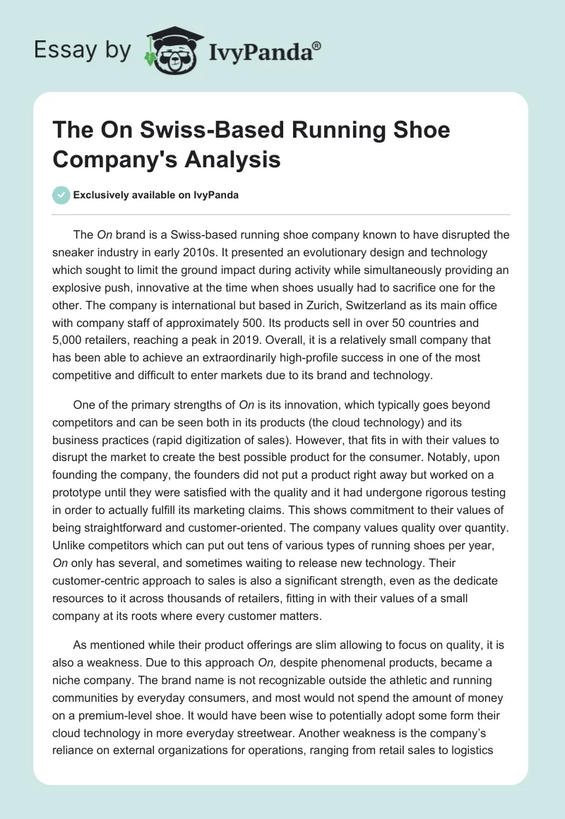 The On Swiss-Based Running Shoe Company's Analysis. Page 1