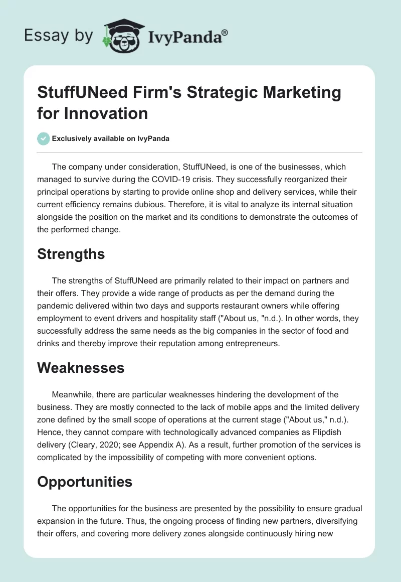 StuffUNeed Firm's Strategic Marketing for Innovation. Page 1