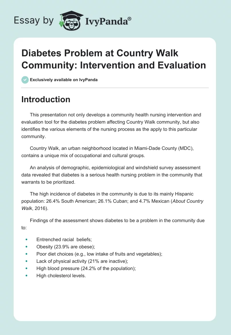 Diabetes Problem at Country Walk Community: Intervention and Evaluation. Page 1