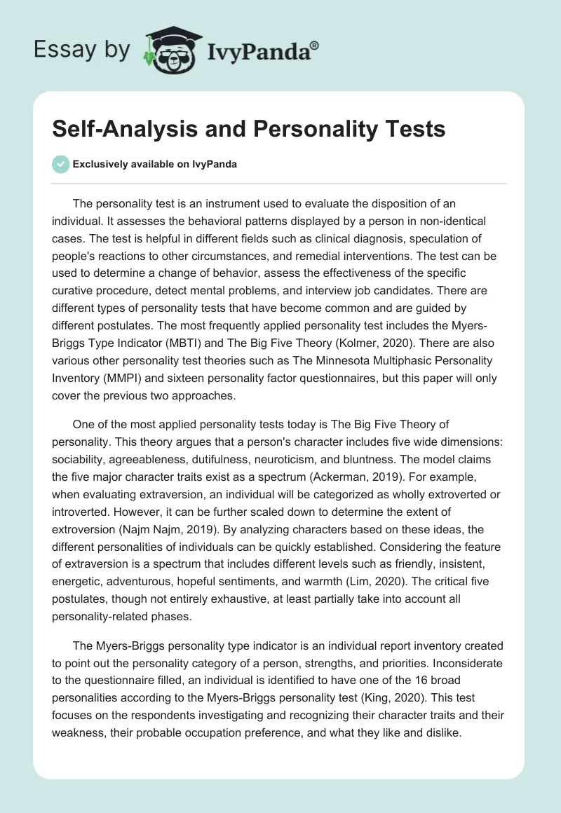 Self-Analysis and Personality Tests. Page 1