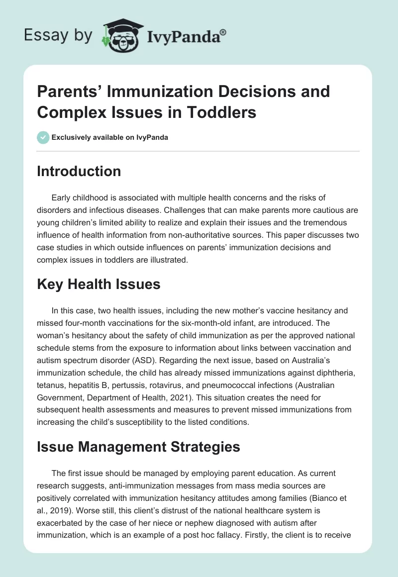 Parents’ Immunization Decisions and Complex Issues in Toddlers. Page 1