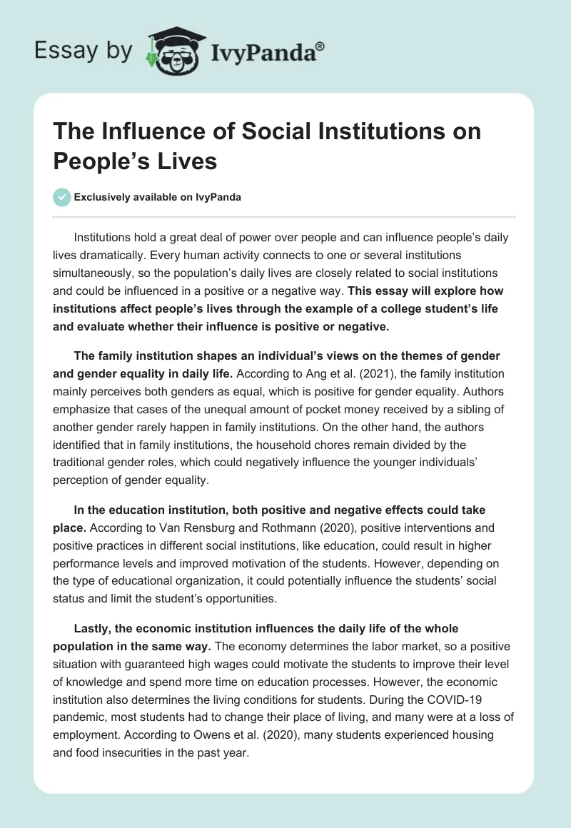 The Influence of Social Institutions on People’s Lives. Page 1
