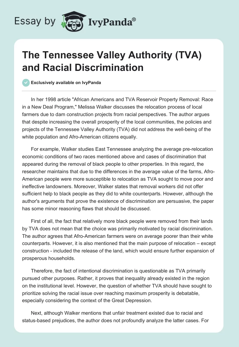 The Tennessee Valley Authority (TVA) and Racial Discrimination. Page 1