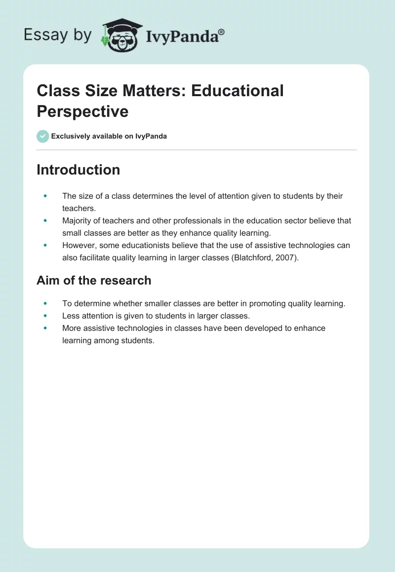 Class Size Matters: Educational Perspective. Page 1