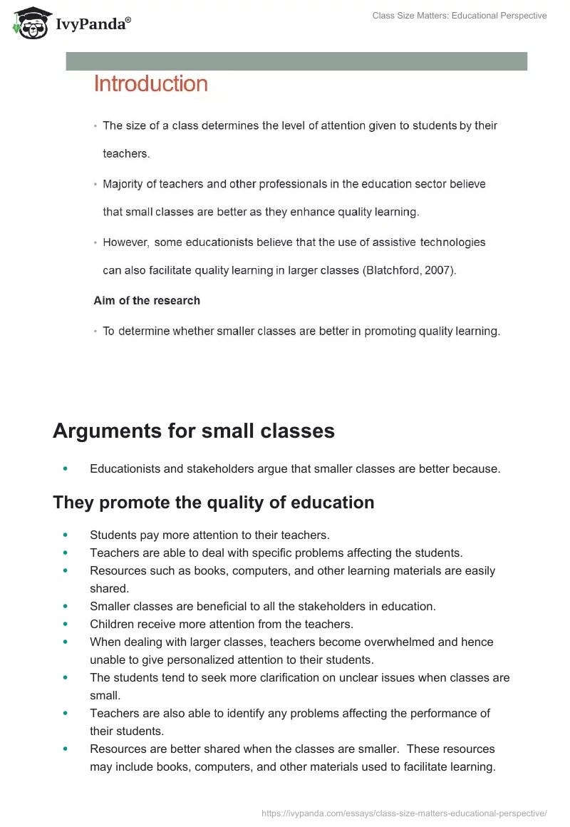 Class Size Matters: Educational Perspective. Page 2