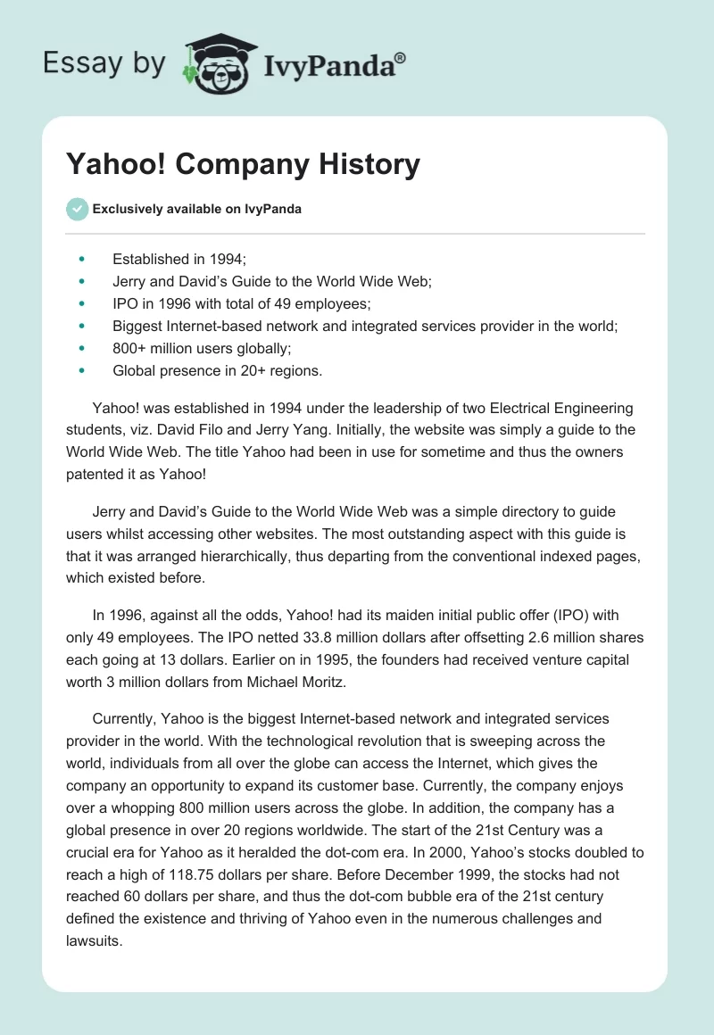 Yahoo! Company History. Page 1