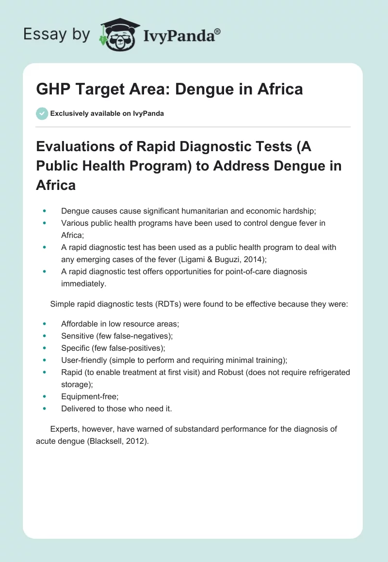 GHP Target Area: Dengue in Africa. Page 1
