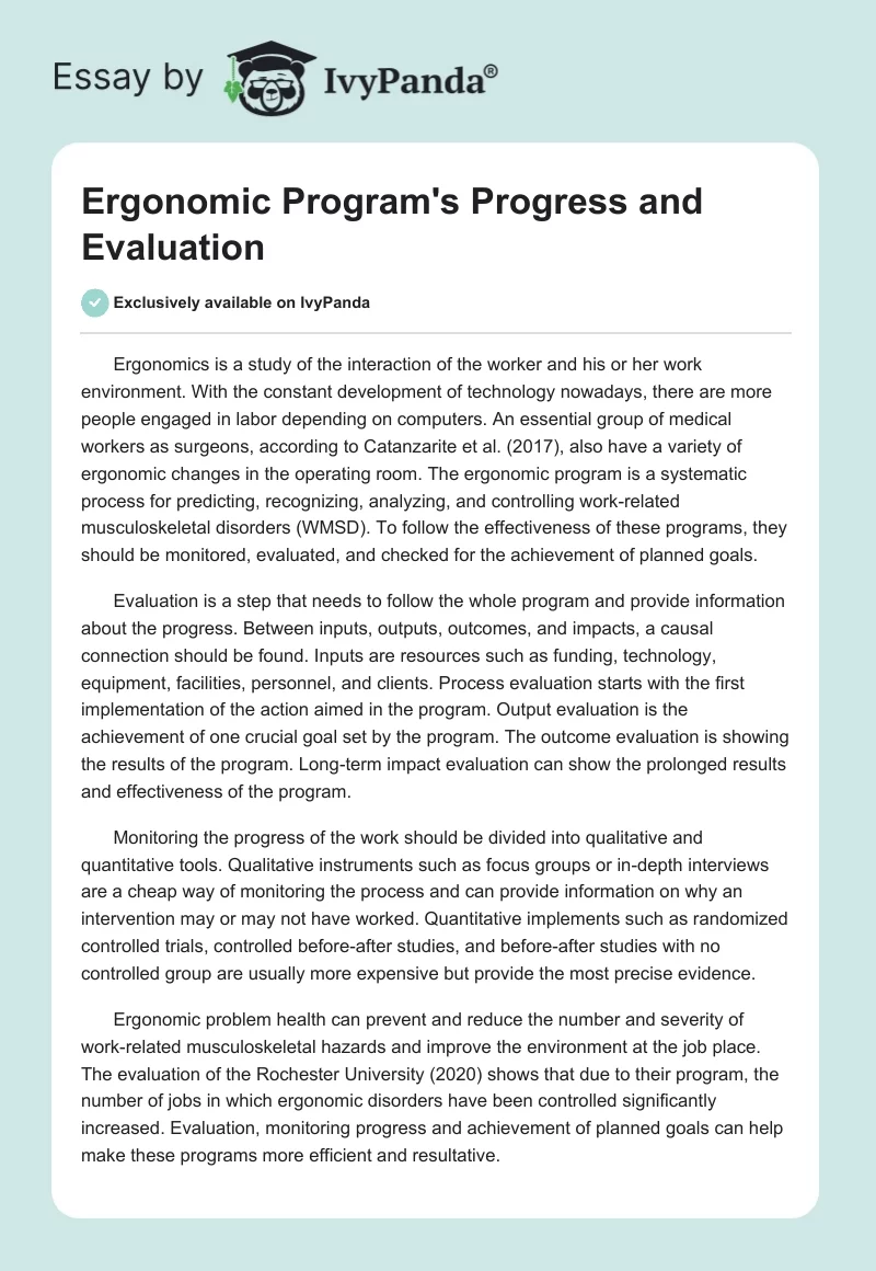 Ergonomic Program's Progress and Evaluation. Page 1