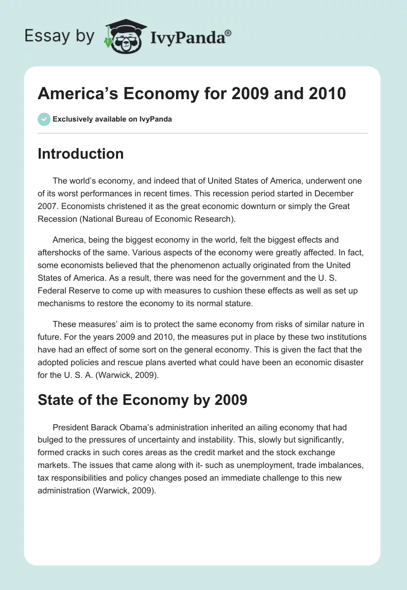 America’s Economy for 2009 and 2010. Page 1