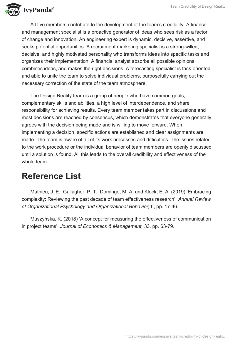Team Credibility of Design Reality. Page 2