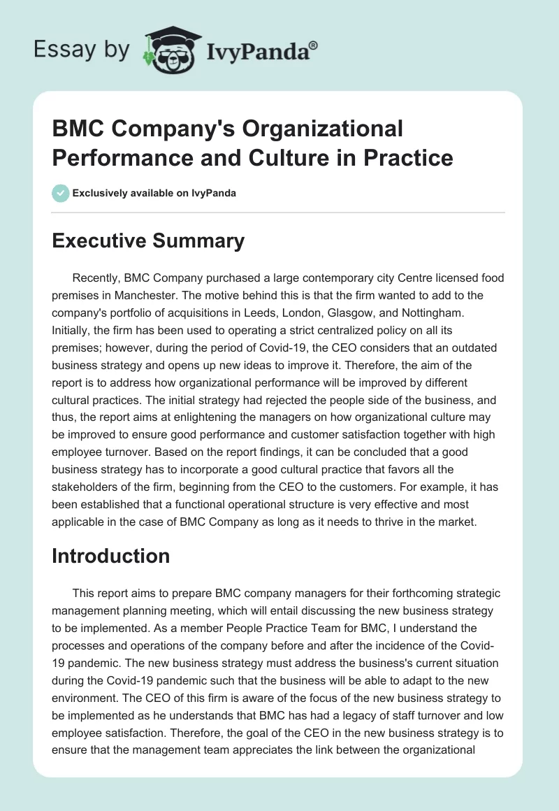 BMC Company's Organizational Performance and Culture in Practice. Page 1