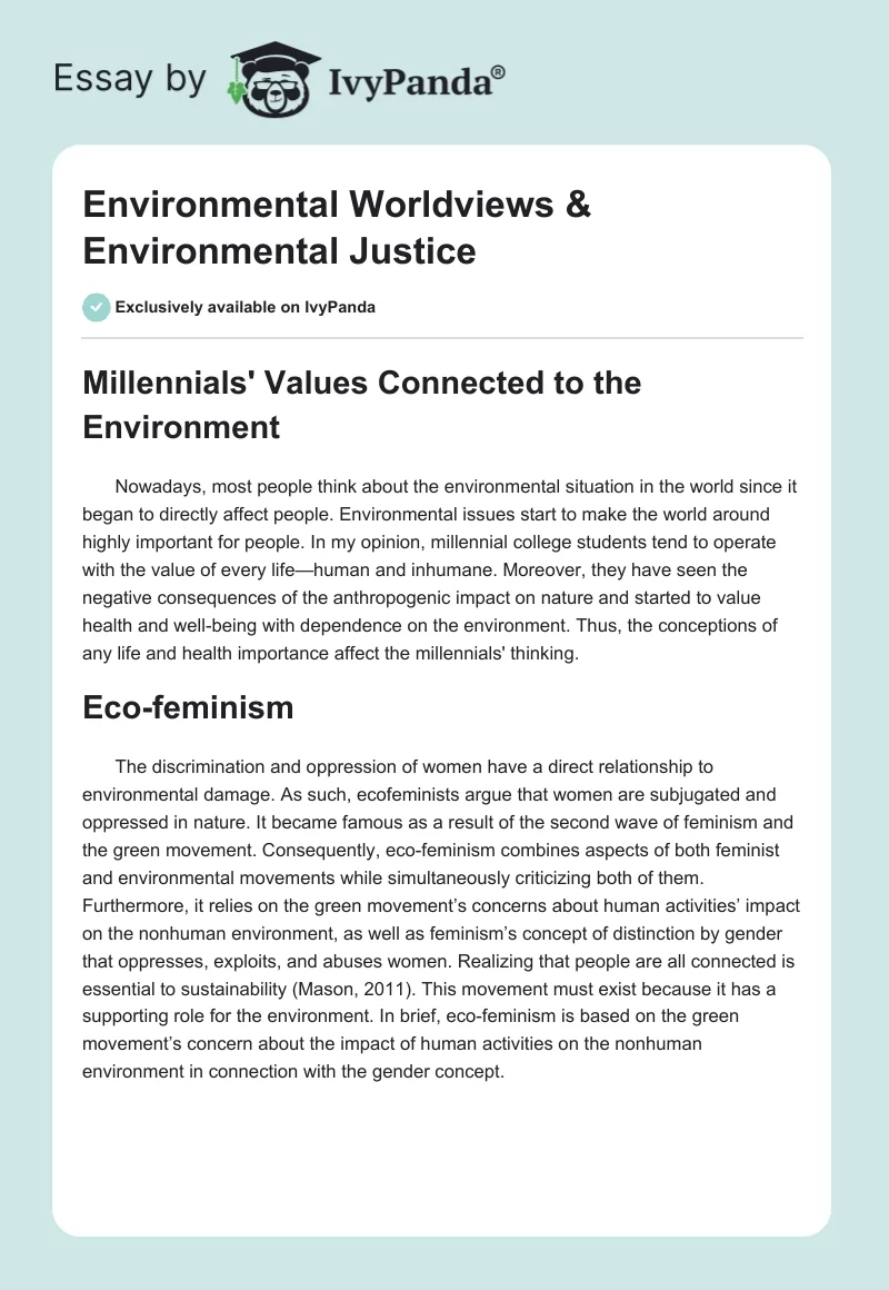 Environmental Worldviews & Environmental Justice. Page 1