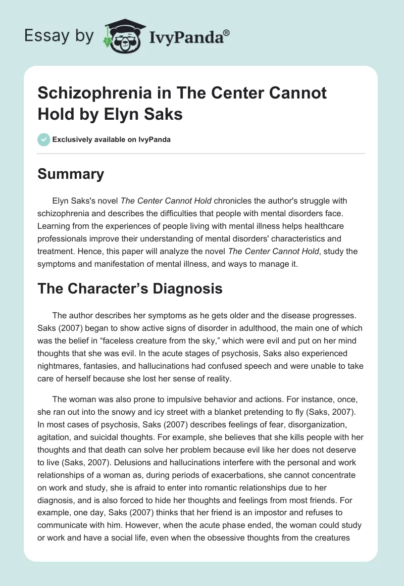 Schizophrenia in The Center Cannot Hold by Elyn Saks. Page 1