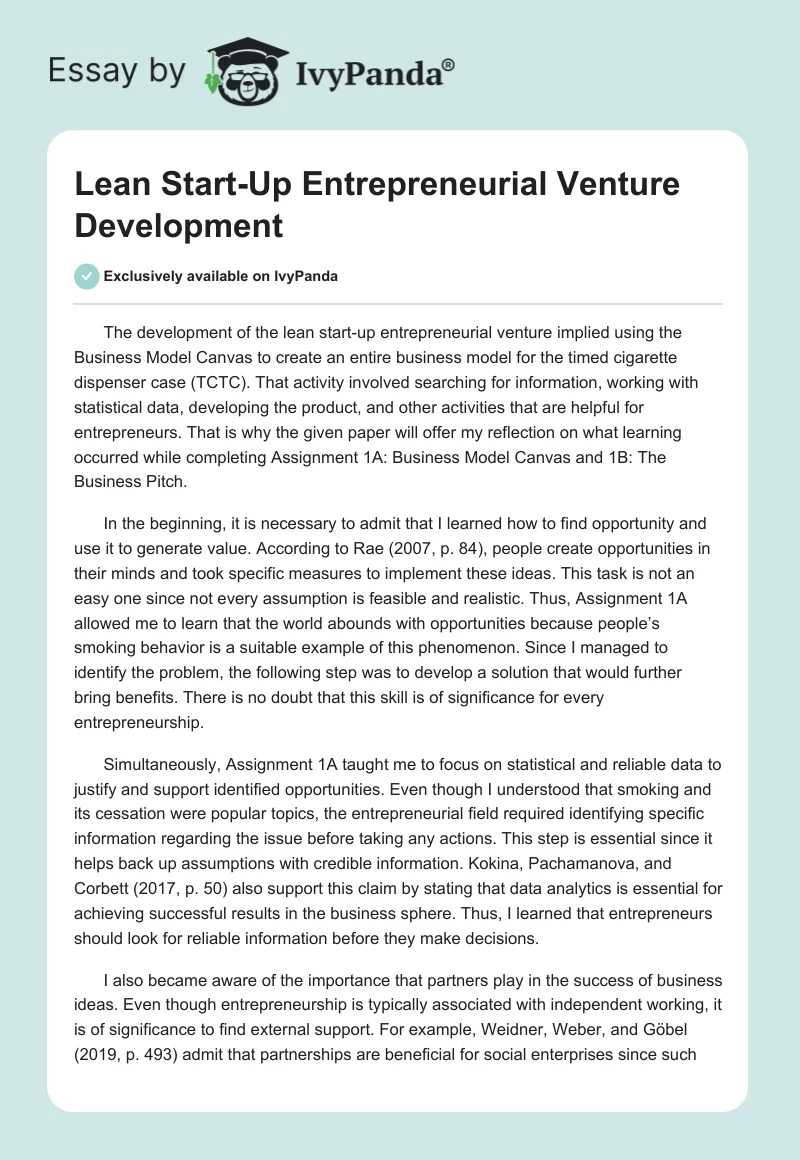 Lean Start-Up Entrepreneurial Venture Development. Page 1