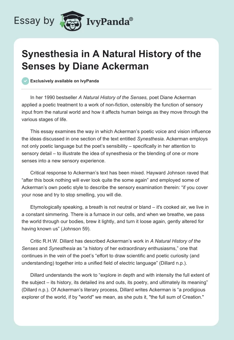 Synesthesia in A Natural History of the Senses by Diane Ackerman. Page 1