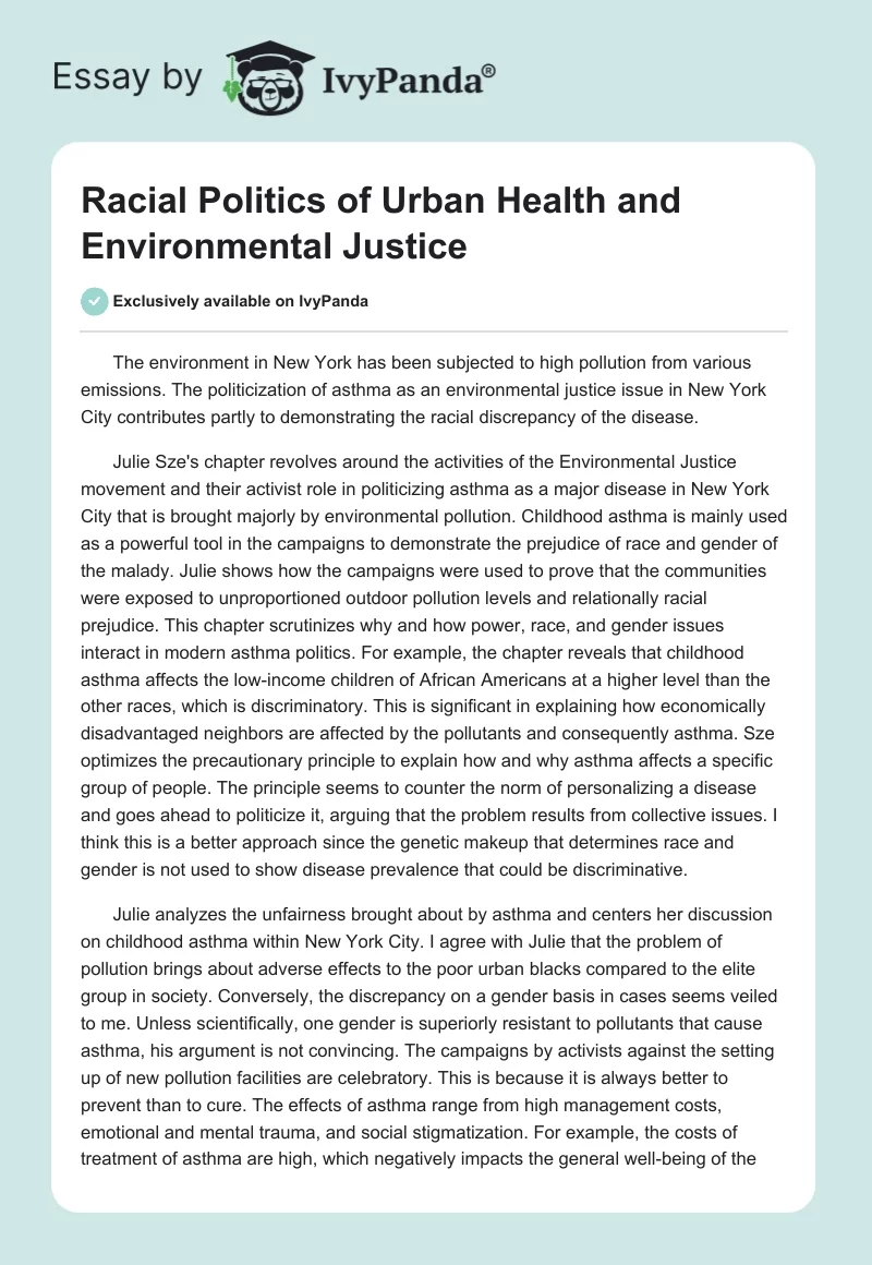 Racial Politics of Urban Health and Environmental Justice. Page 1
