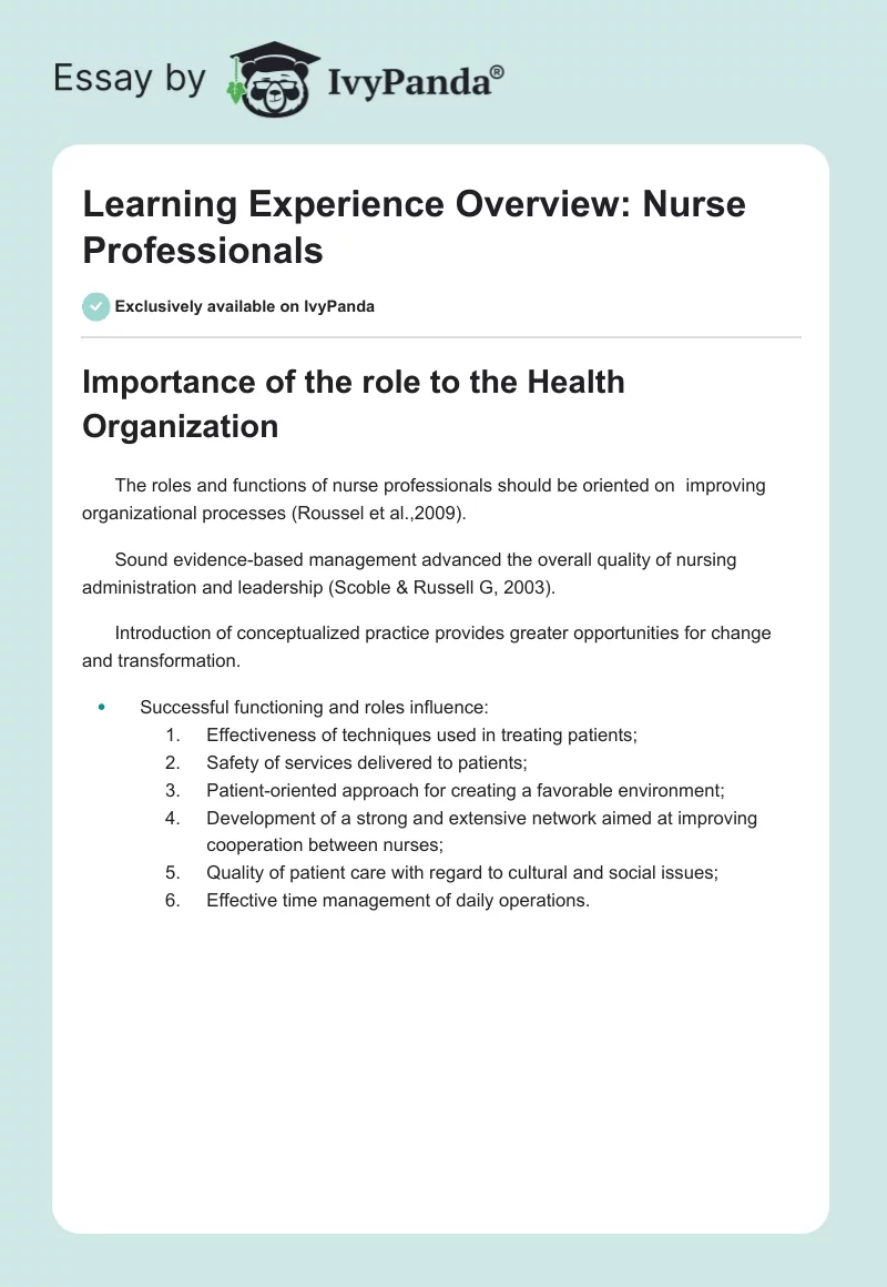 Learning Experience Overview: Nurse Professionals. Page 1