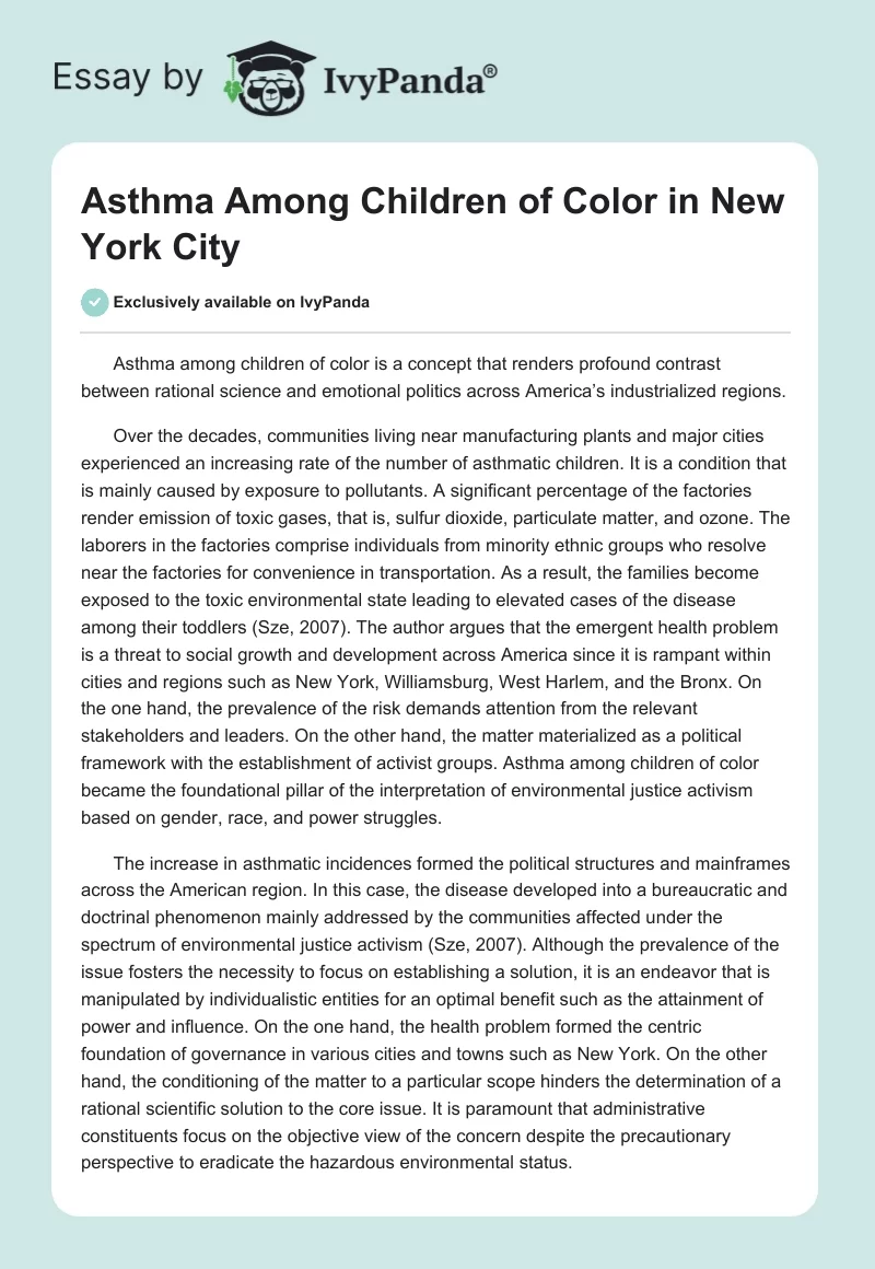 Asthma Among Children of Color in New York City. Page 1