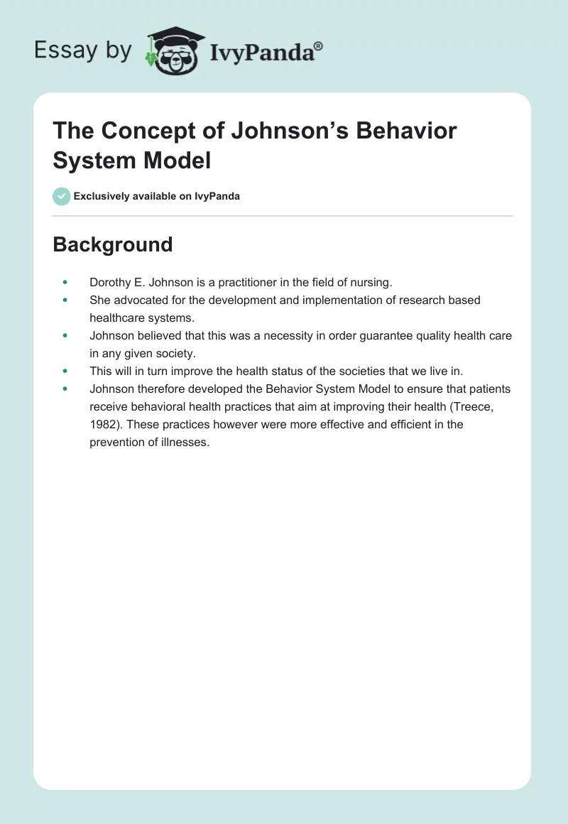 The Concept of Johnson’s Behavior System Model. Page 1