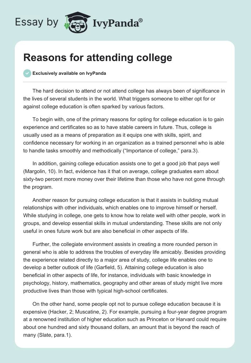 Reasons for attending college. Page 1