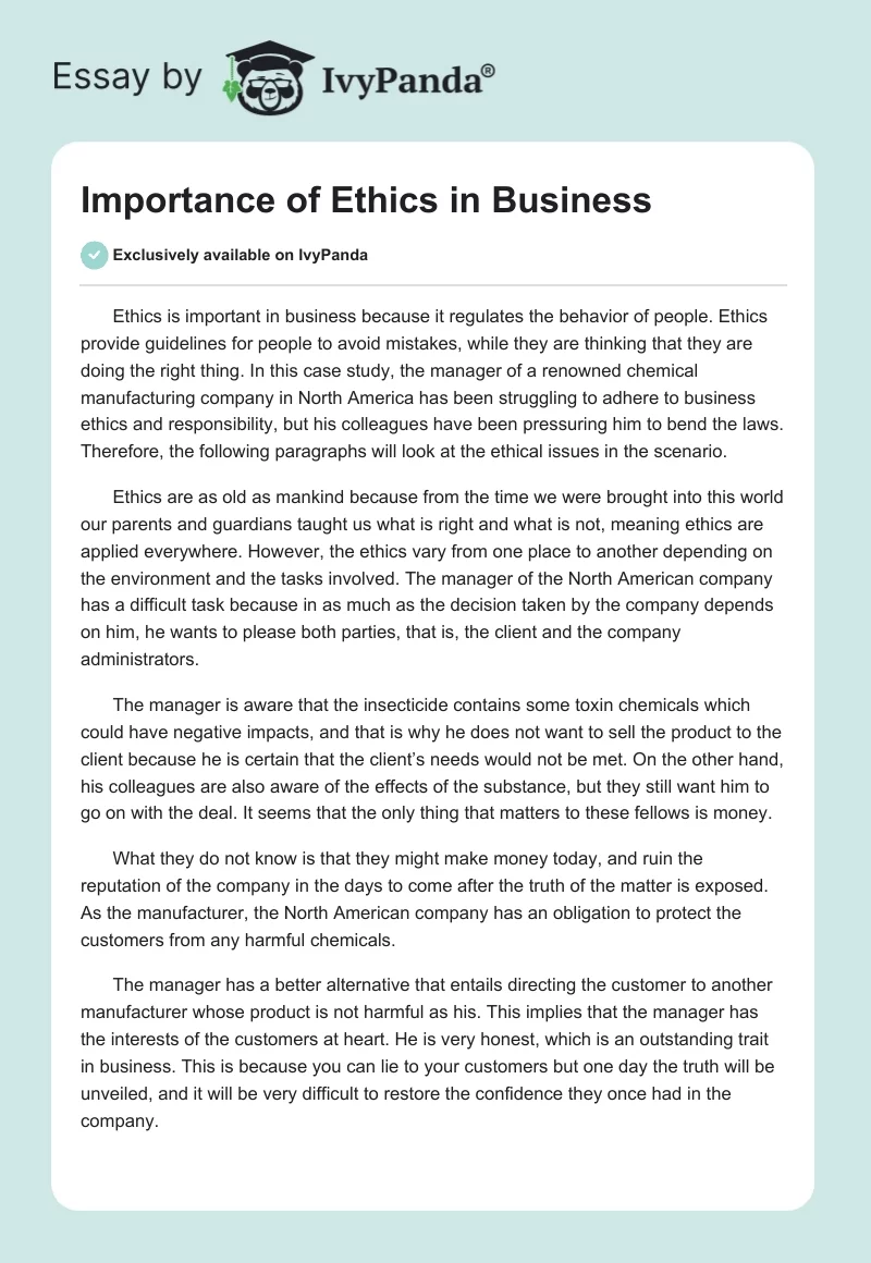 Importance of Ethics in Business. Page 1
