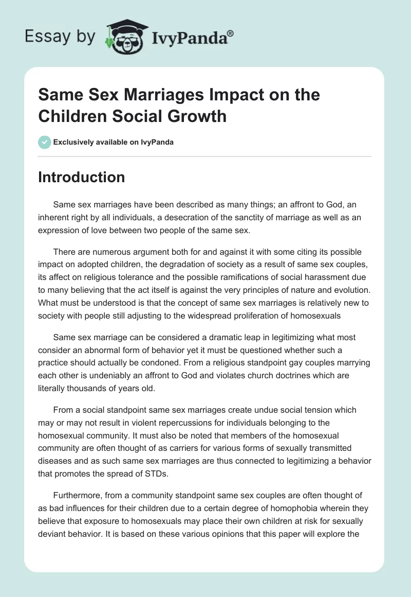 Same Sex Marriages Impact on the Children Social Growth. Page 1