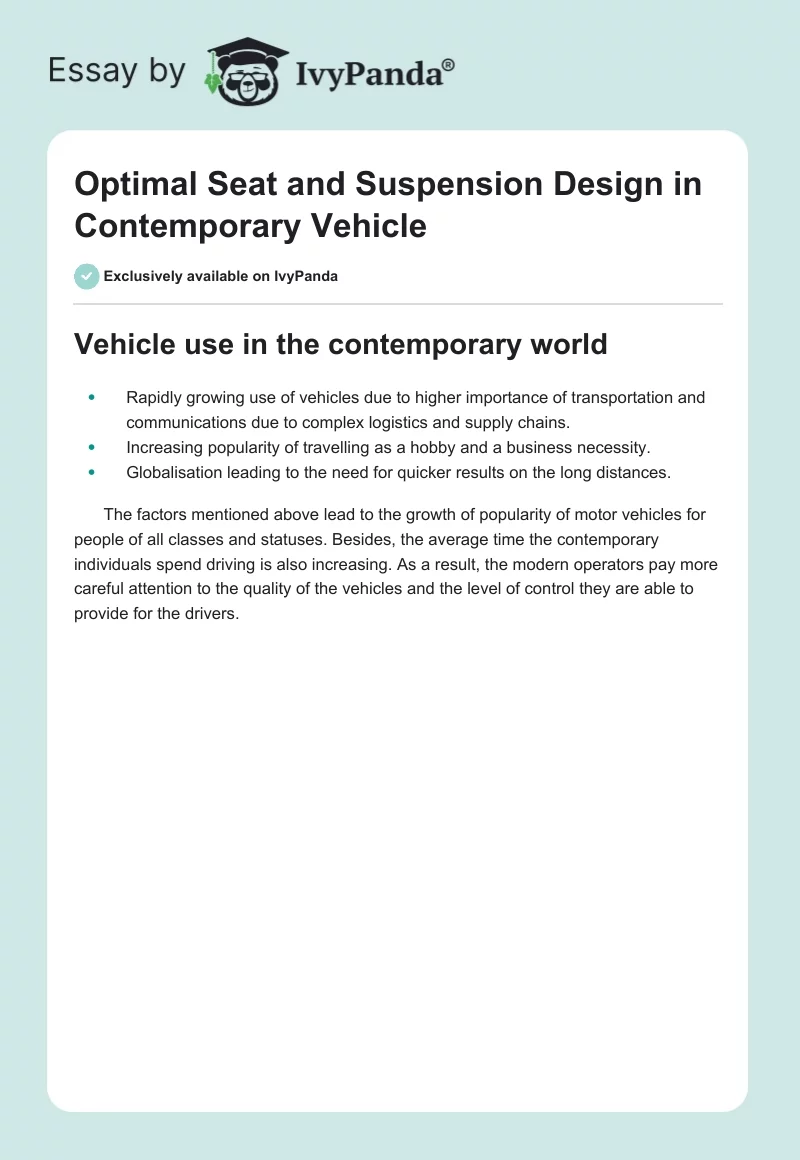 Optimal Seat and Suspension Design in Contemporary Vehicle. Page 1