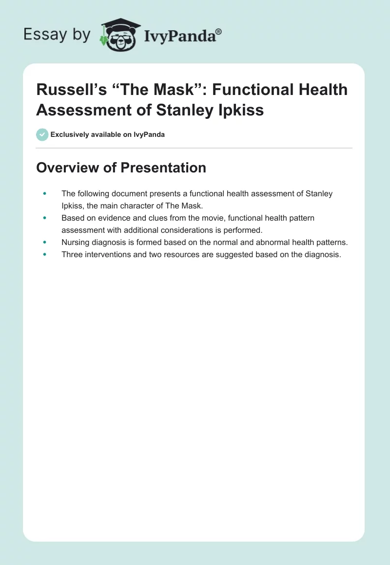 Russell’s “The Mask”: Functional Health Assessment of Stanley Ipkiss. Page 1