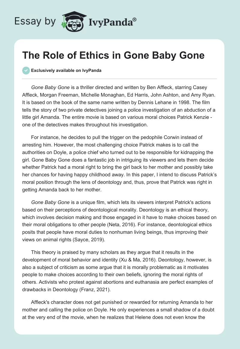 The Role of Ethics in "Gone Baby Gone". Page 1
