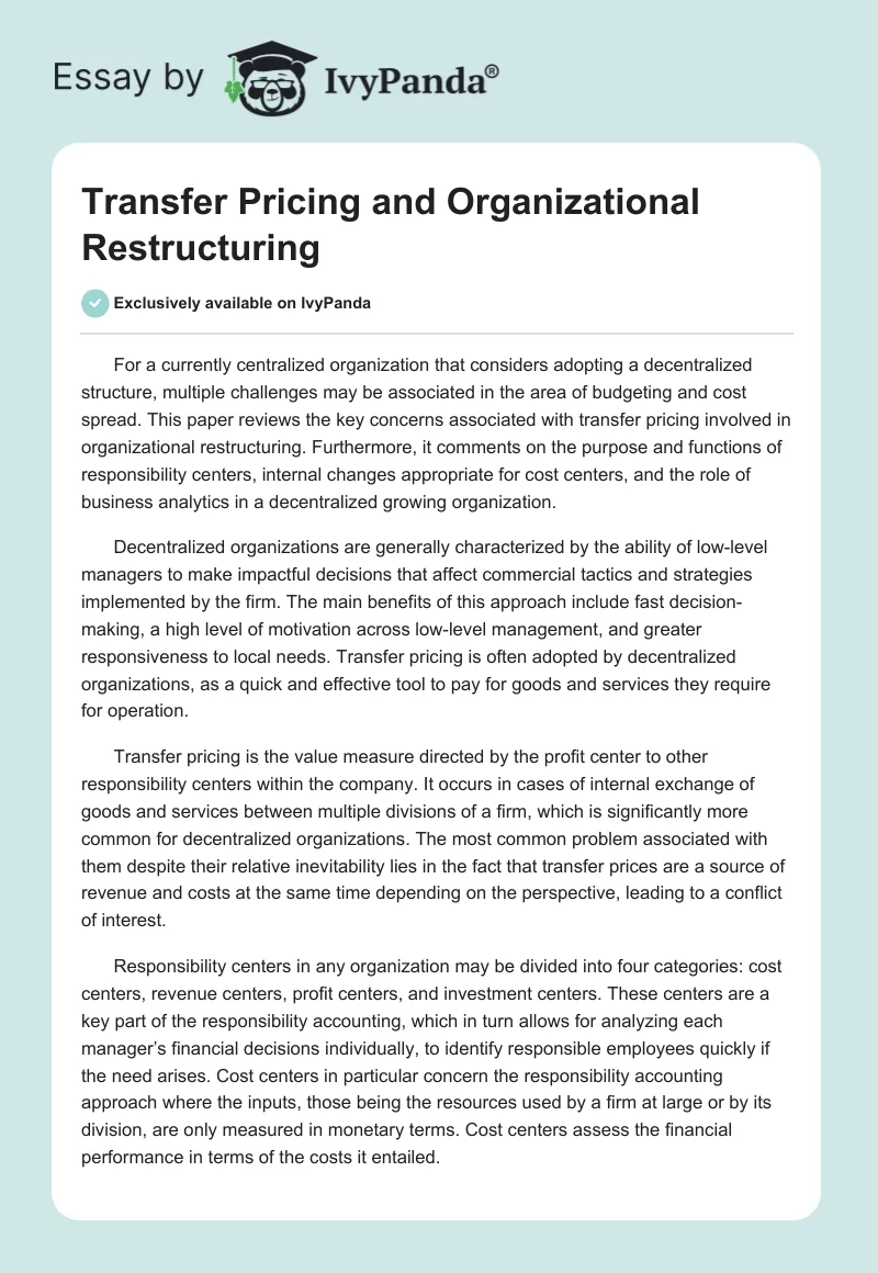 Transfer Pricing and Organizational Restructuring. Page 1
