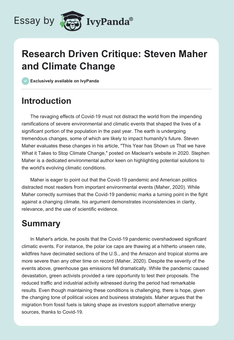 Research Driven Critique: Steven Maher and Climate Change. Page 1