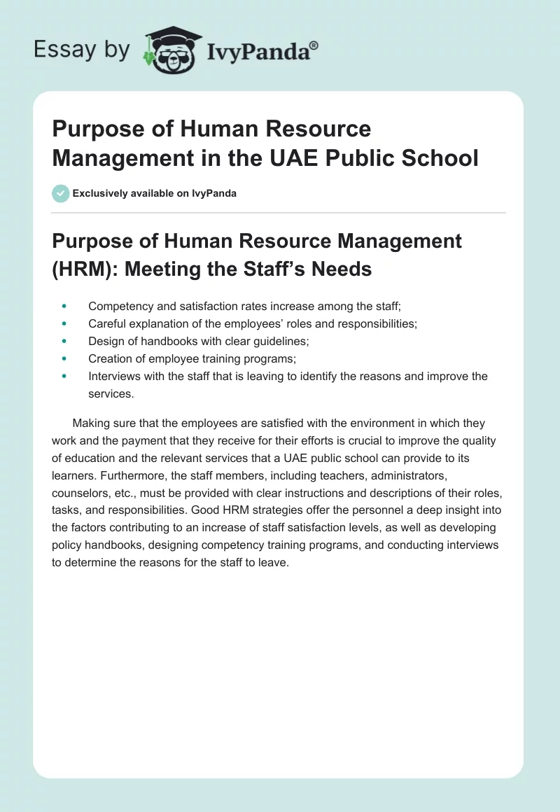 Purpose of Human Resource Management in the UAE Public School. Page 1