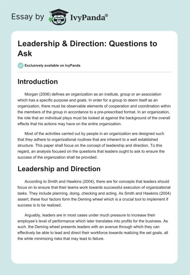 Leadership & Direction: Questions to Ask. Page 1