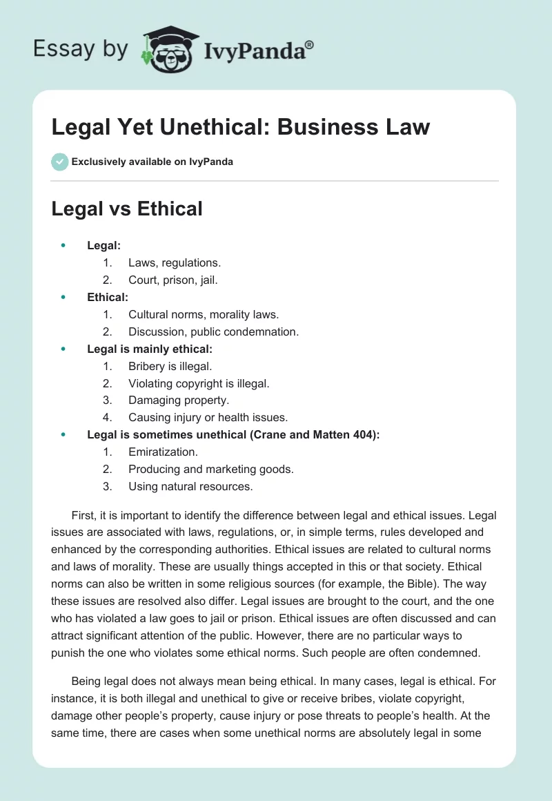 Legal Yet Unethical: Business Law. Page 1