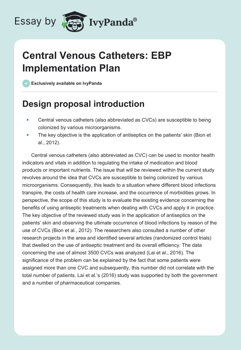 Central Venous Catheters: EBP Implementation Plan. Page 1