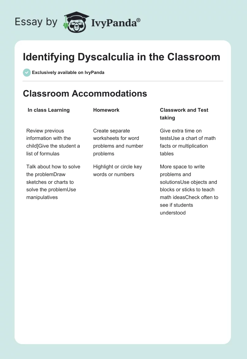 Identifying Dyscalculia in the Classroom. Page 1
