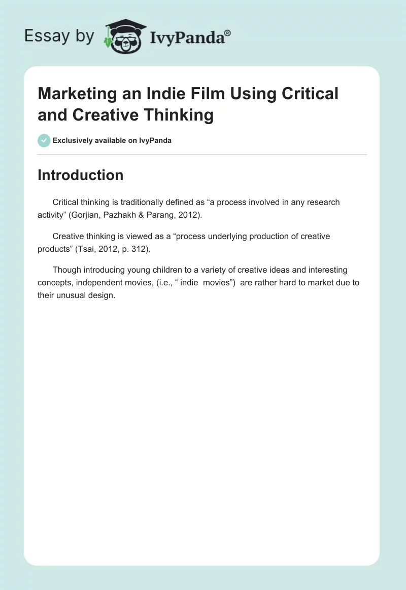 Marketing an Indie Film Using Critical and Creative Thinking. Page 1