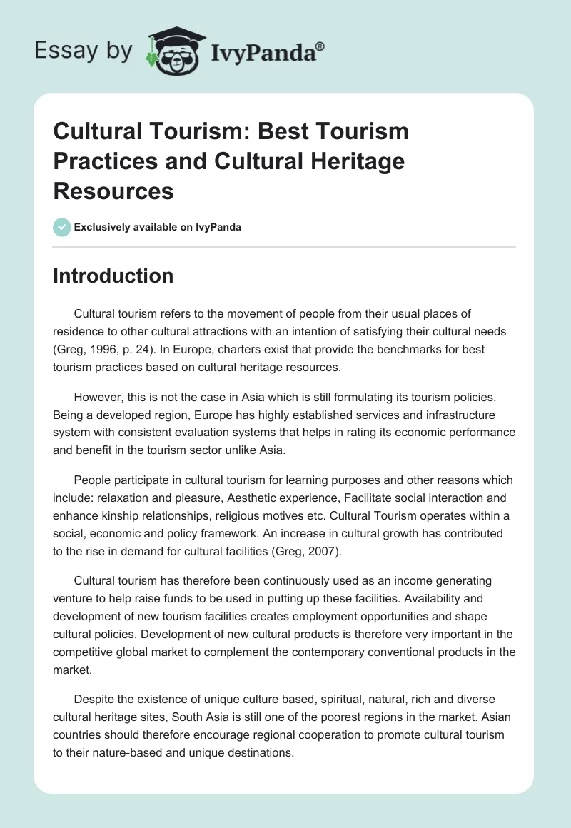 Cultural Tourism: Best Tourism Practices and Cultural Heritage Resources. Page 1