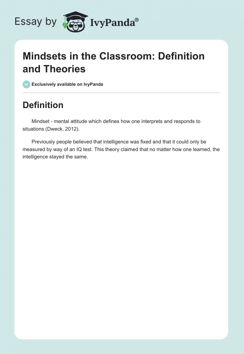 Mindsets in the Classroom: Definition and Theories. Page 1